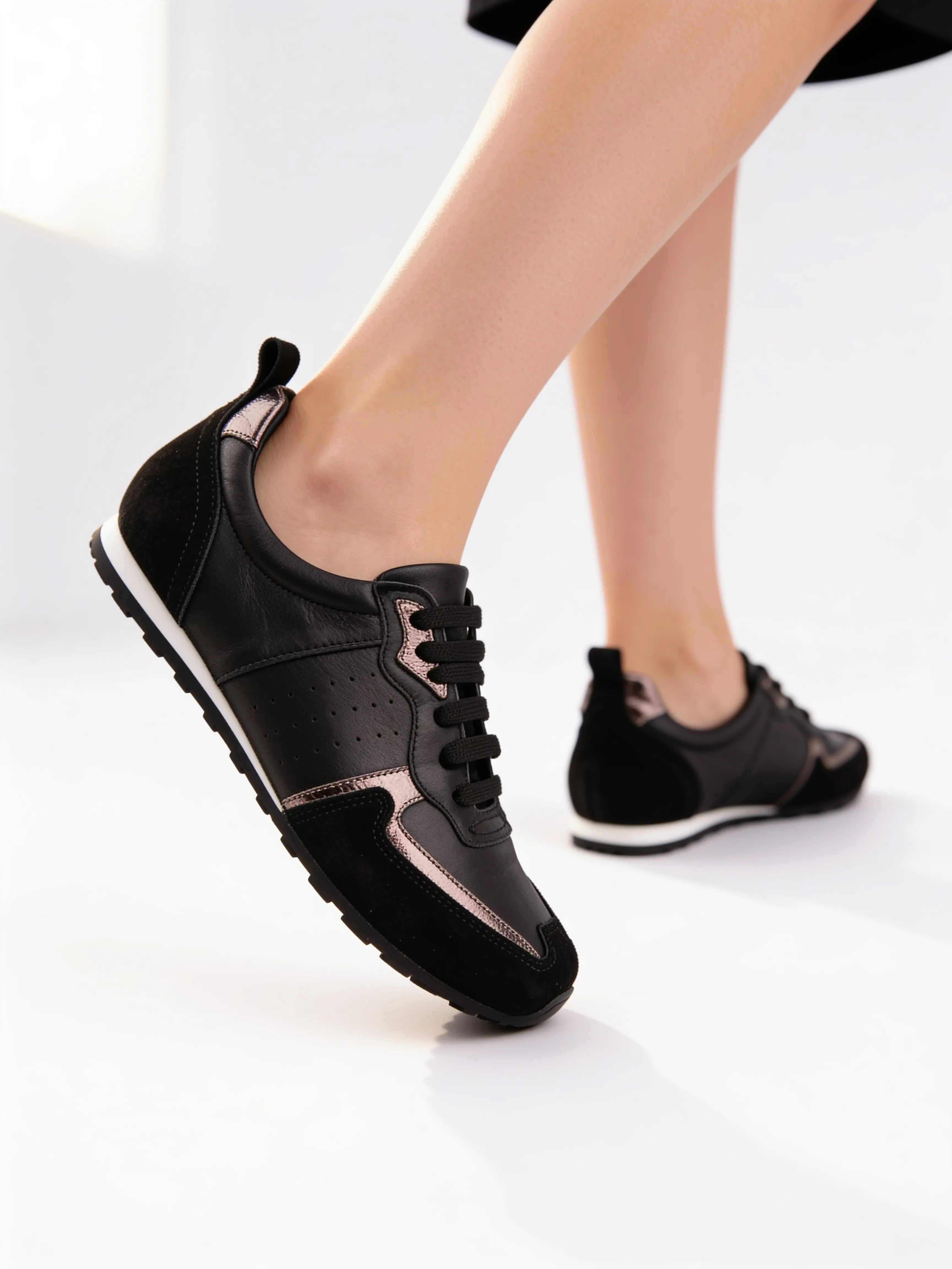 MrCalvano Women's Leather Sneakers - Black with Metallic Accents