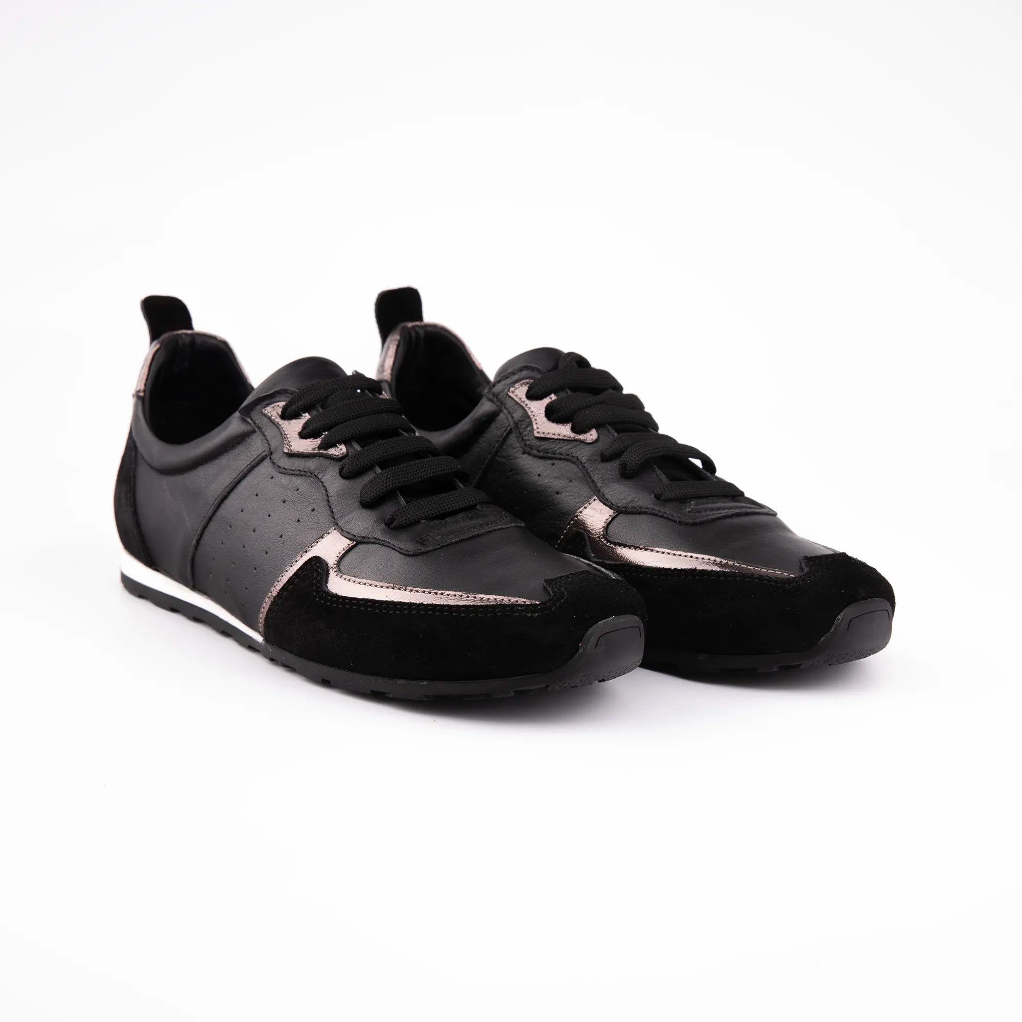 MrCalvano Women's Leather Sneakers - Black with Metallic Accents