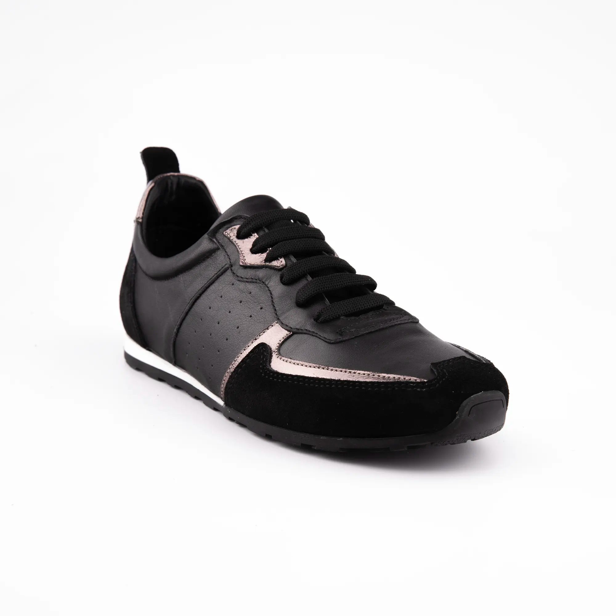MrCalvano Women's Leather Sneakers - Black with Metallic Accents