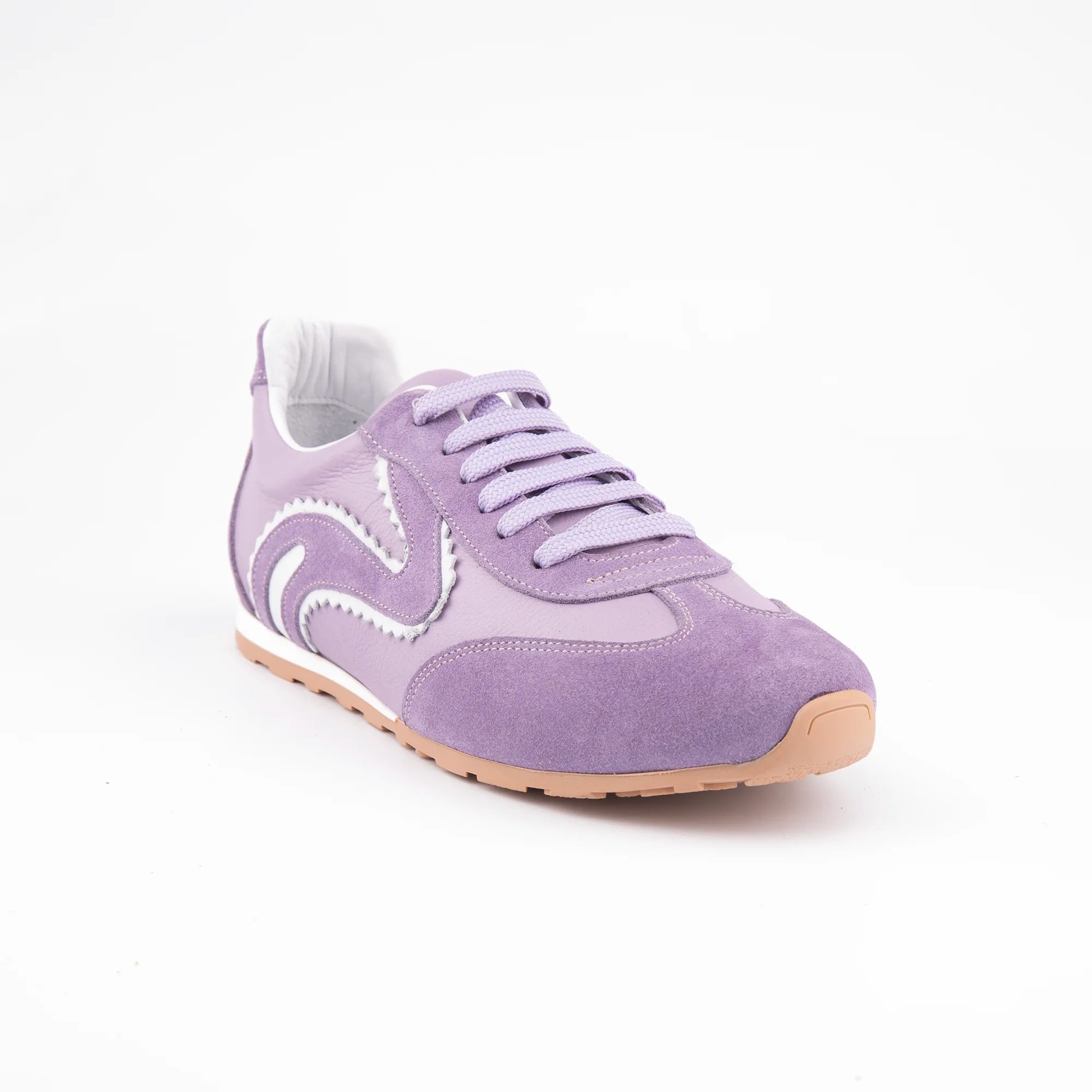 MrCalvano women's lavender leather and suede sneakers with white wavy details and gum sole, front-facing on white background.