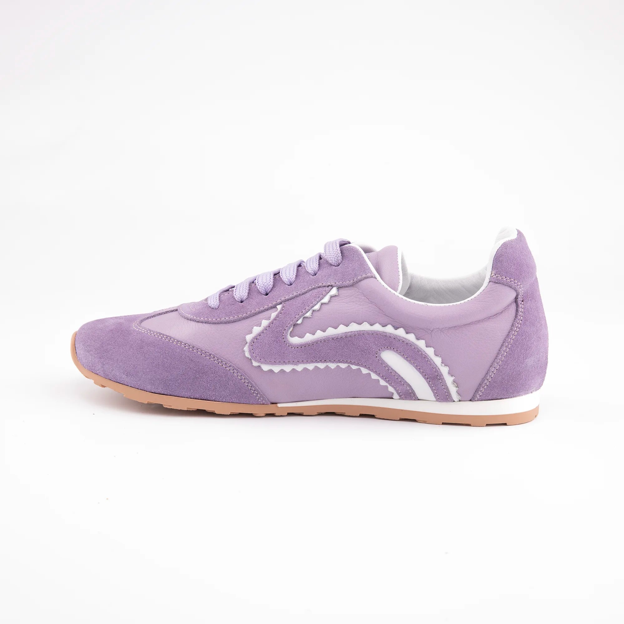MrCalvano women's lavender leather and suede sneakers with white wavy details and gum sole, inner-facing on white background.