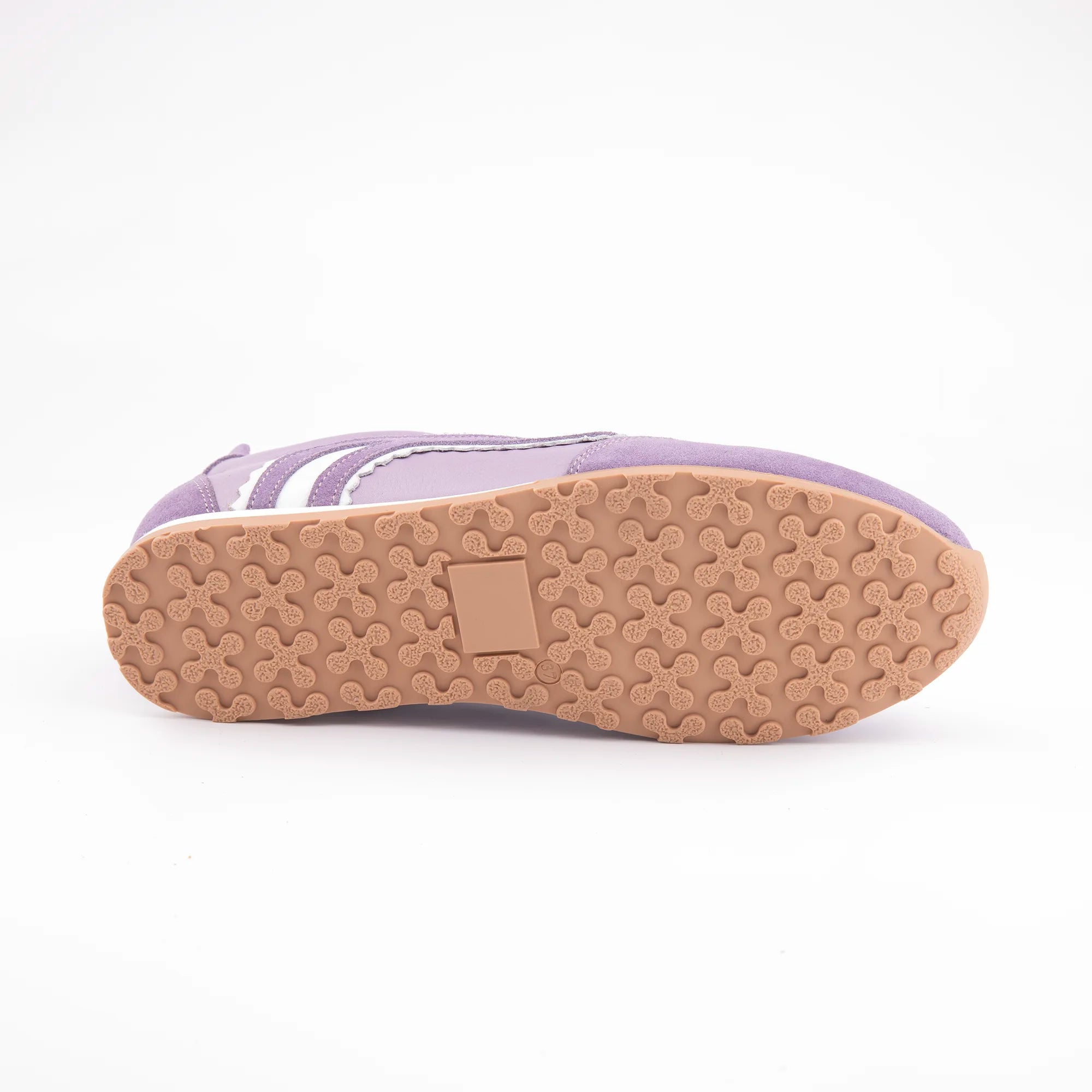 MrCalvano women's lavender leather and suede sneakers with white wavy details and gum sole, sole-facing on white background.