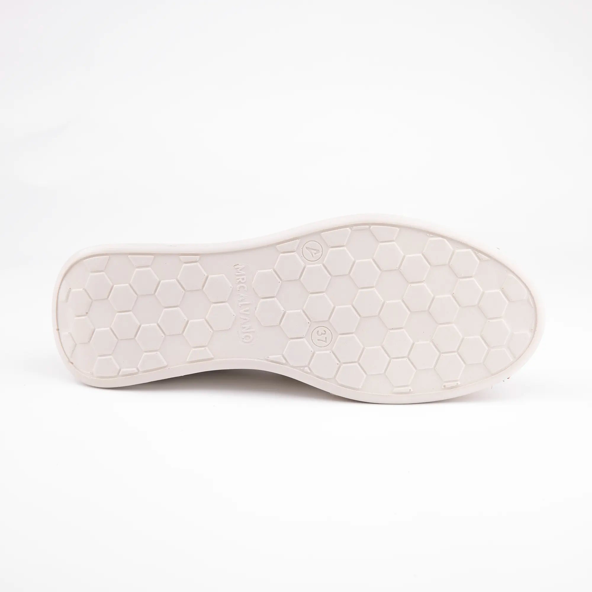 Calvano Malibu women's tan leather comfort sneakers with perforated upper and creamy off-white sculpted sole, sole view.