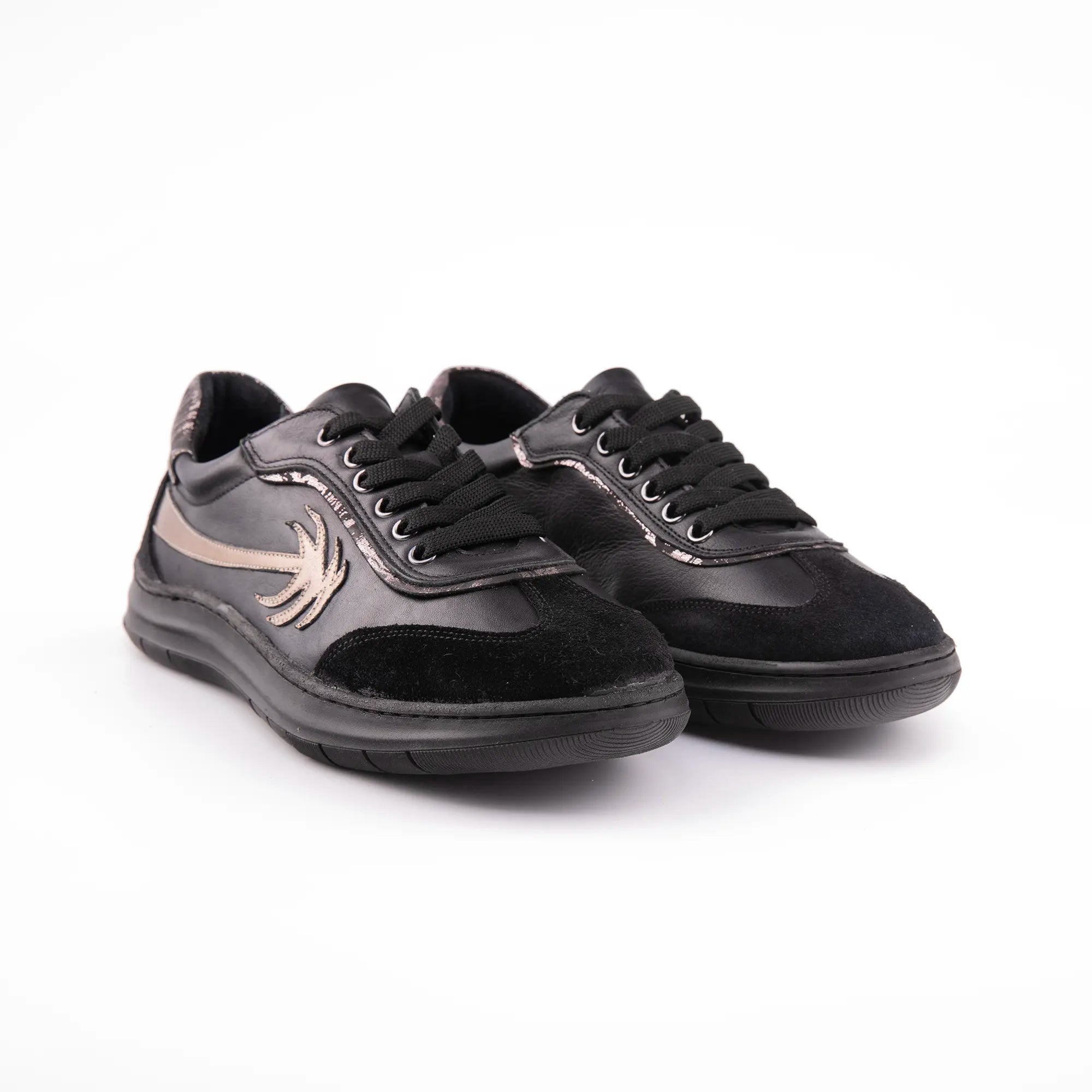 Front-angle USA studio shot of MrCalvano Palm Springs black leather women's shoes on a white background, highlighting the leather texture, suede accents, and palm leaf motif. Optimized for clarity and detail.
