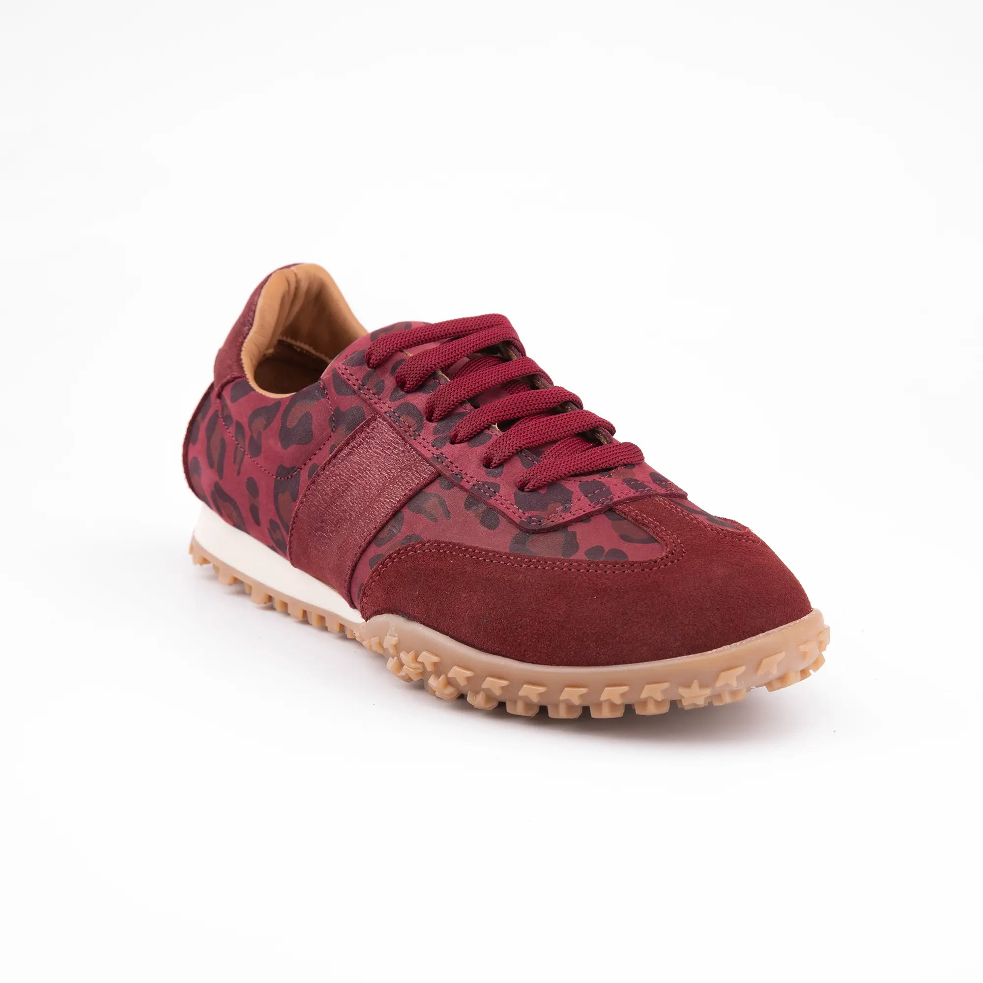 MrCalvano Pebble Beach Leopard Burgundy Leather Women's Sneakers