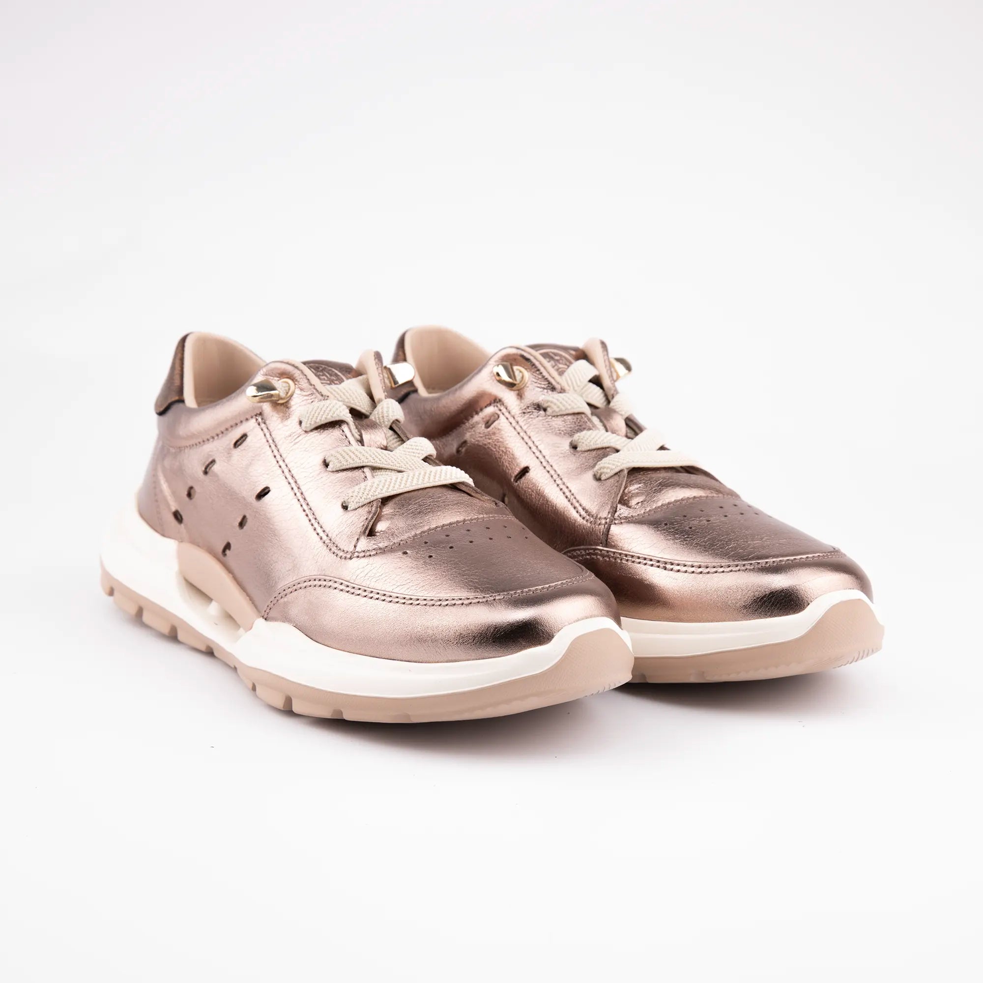 A pair of metallic bronze leather women's sneakers with a distinct white and beige layered sole, shown against a clean white background.
